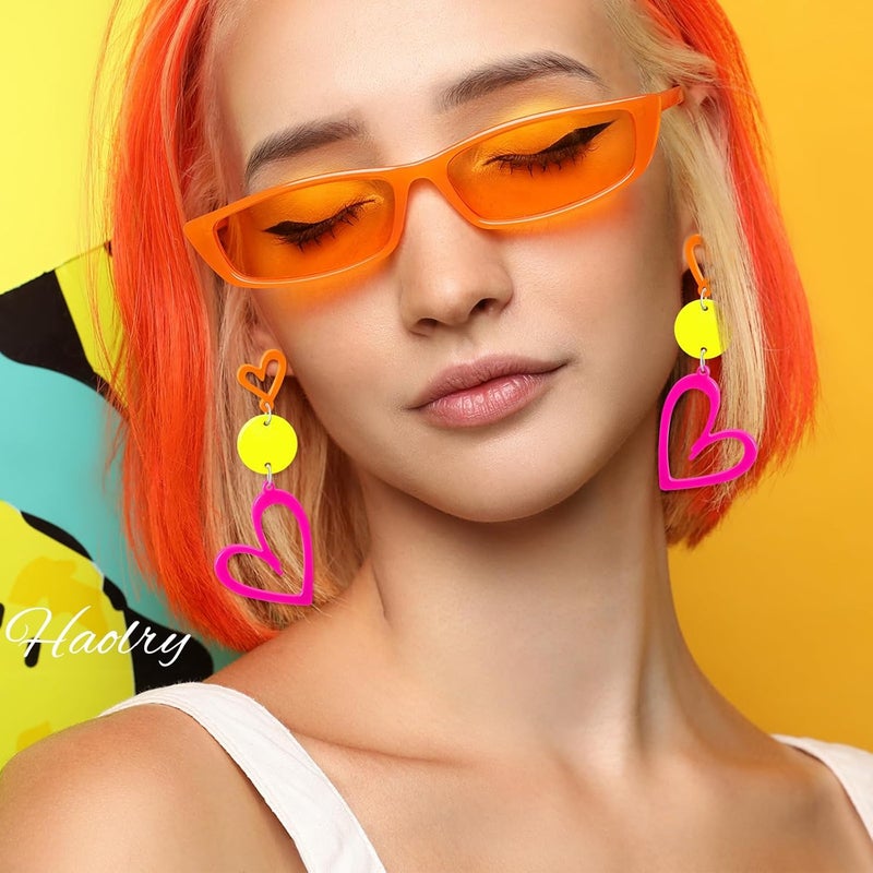 HOLYRY Neon Heart Earrings for Women Acrylic Neon Earrings 80s 90s Outfit for Women Glow Party Accessories Gifts Hot Pink Orange Green Yellow - Image 4